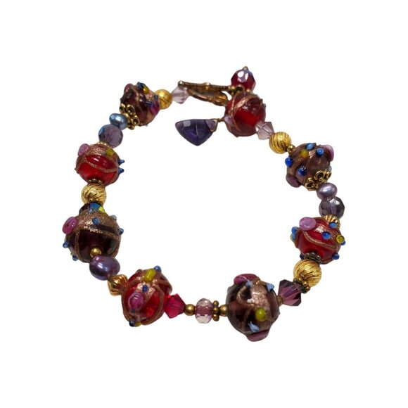 Artisan Wedding Cake Glass Bead Bracelet 22k Gold Filled Hand Blown Toggle Clasp - Picture 10 of 16